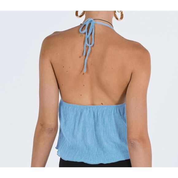NVRENJIA Women’s Y2K Halter Tie Crop Top Plisse Cami Summer Party Shirt Blue M - Picture 2 of 3
